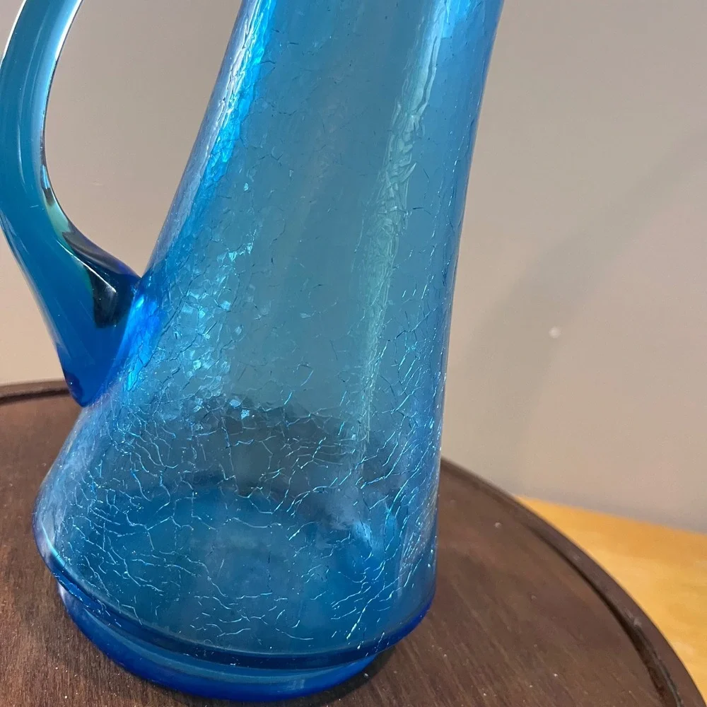 Vtg MCM Kanawha Blue Crackle Glass Pitcher Stretch Spout‎ Art Glass 14.5